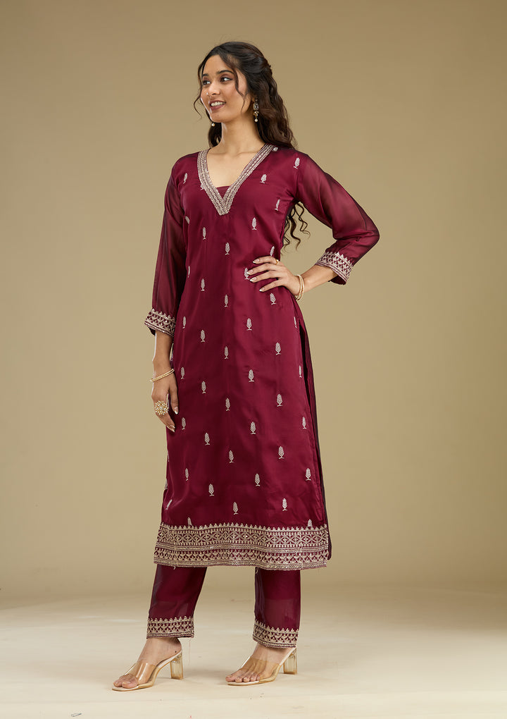 Maroon Threadwork Art Silk Readymade Salwar Suit