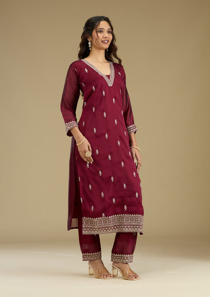 Maroon Threadwork Art Silk Readymade Salwar Suit
