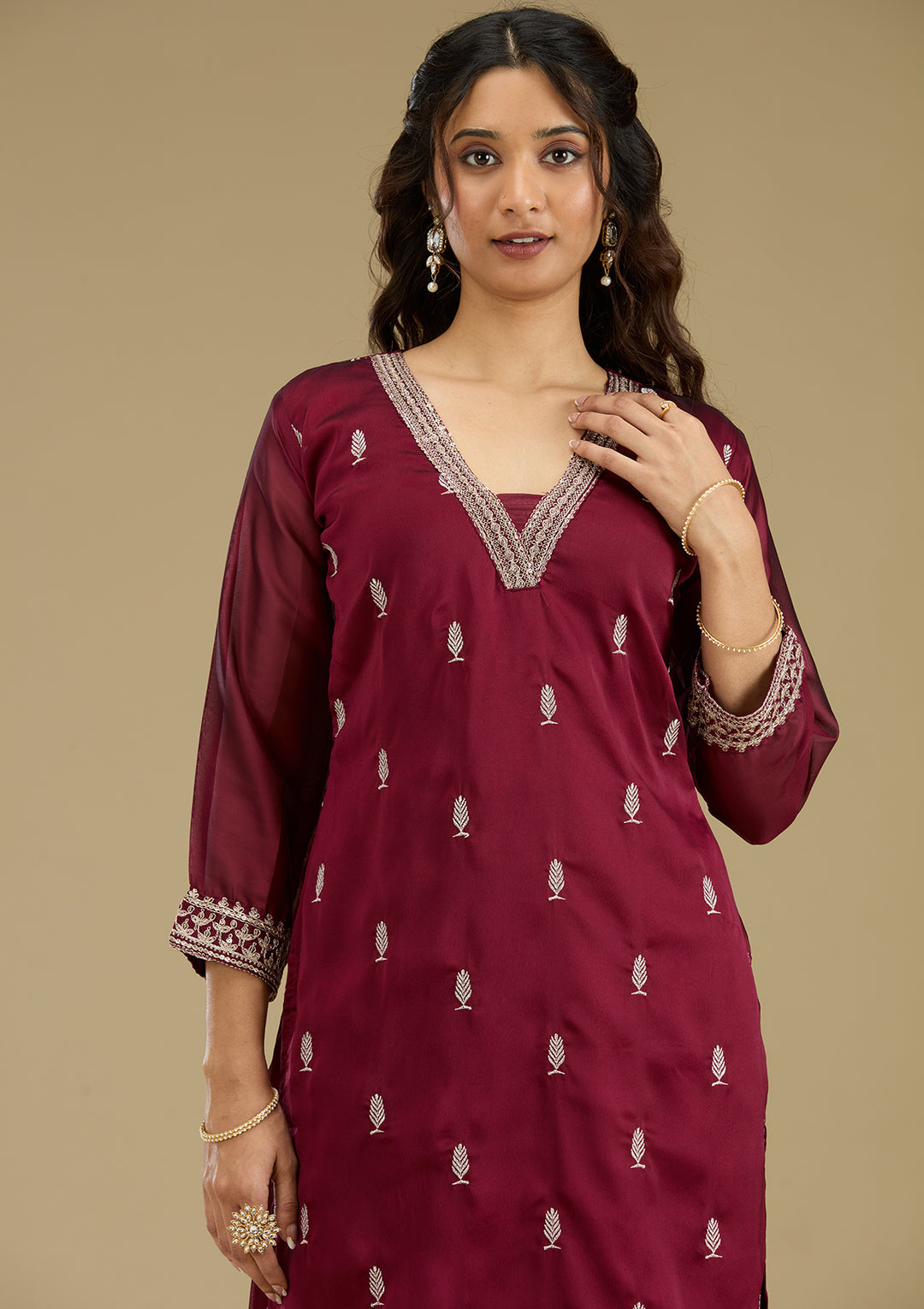 Maroon Threadwork Art Silk Readymade Salwar Suit