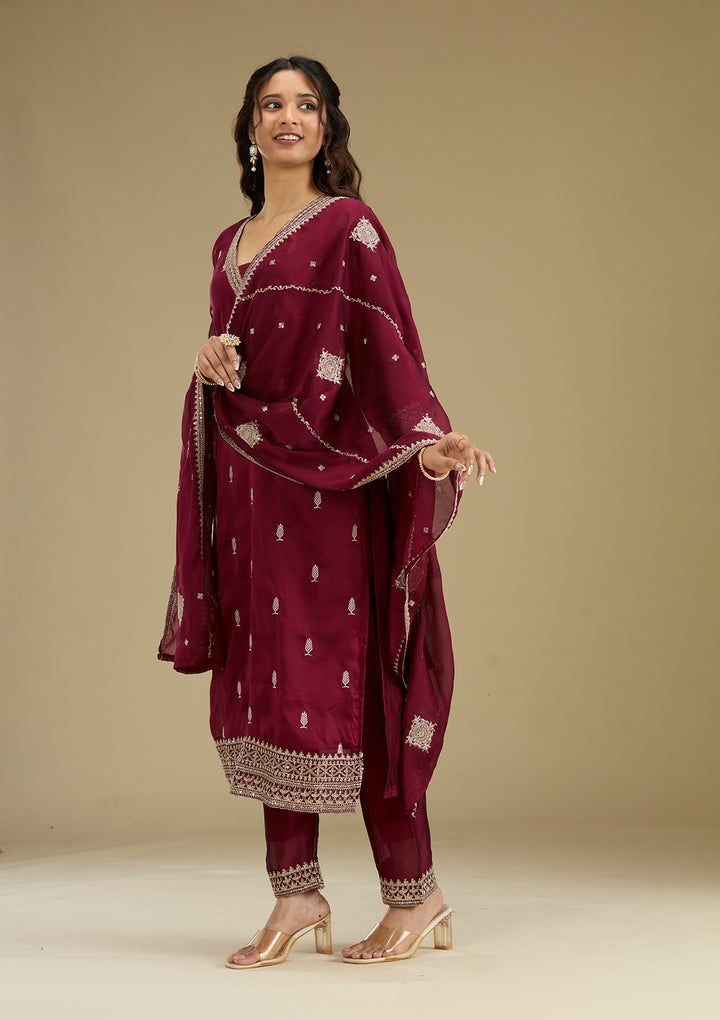Maroon Threadwork Art Silk Readymade Salwar Suit