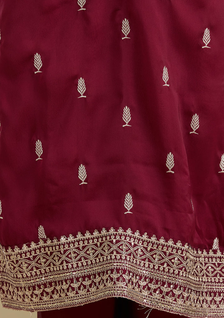 Maroon Threadwork Art Silk Readymade Salwar Suit
