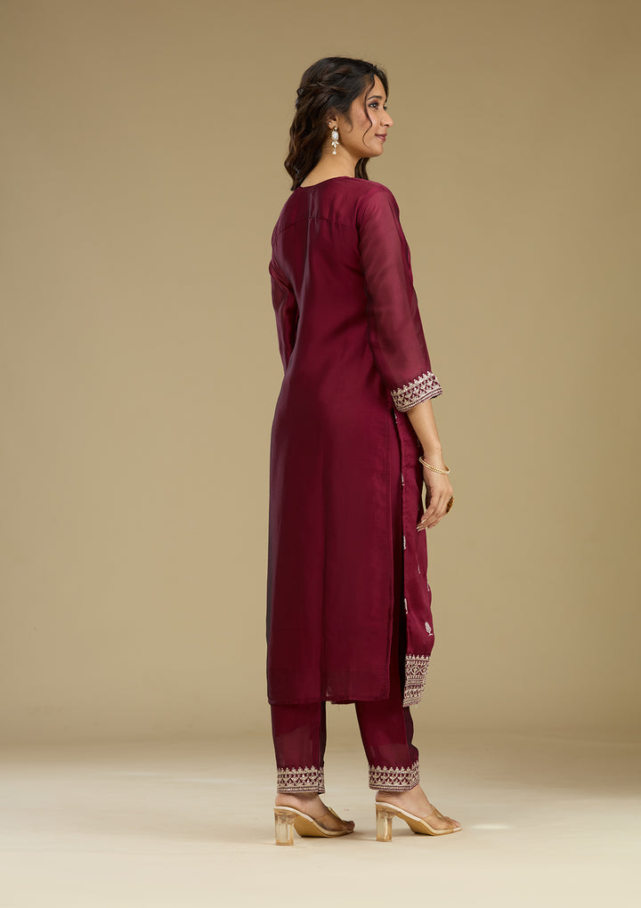Maroon Threadwork Art Silk Readymade Salwar Suit