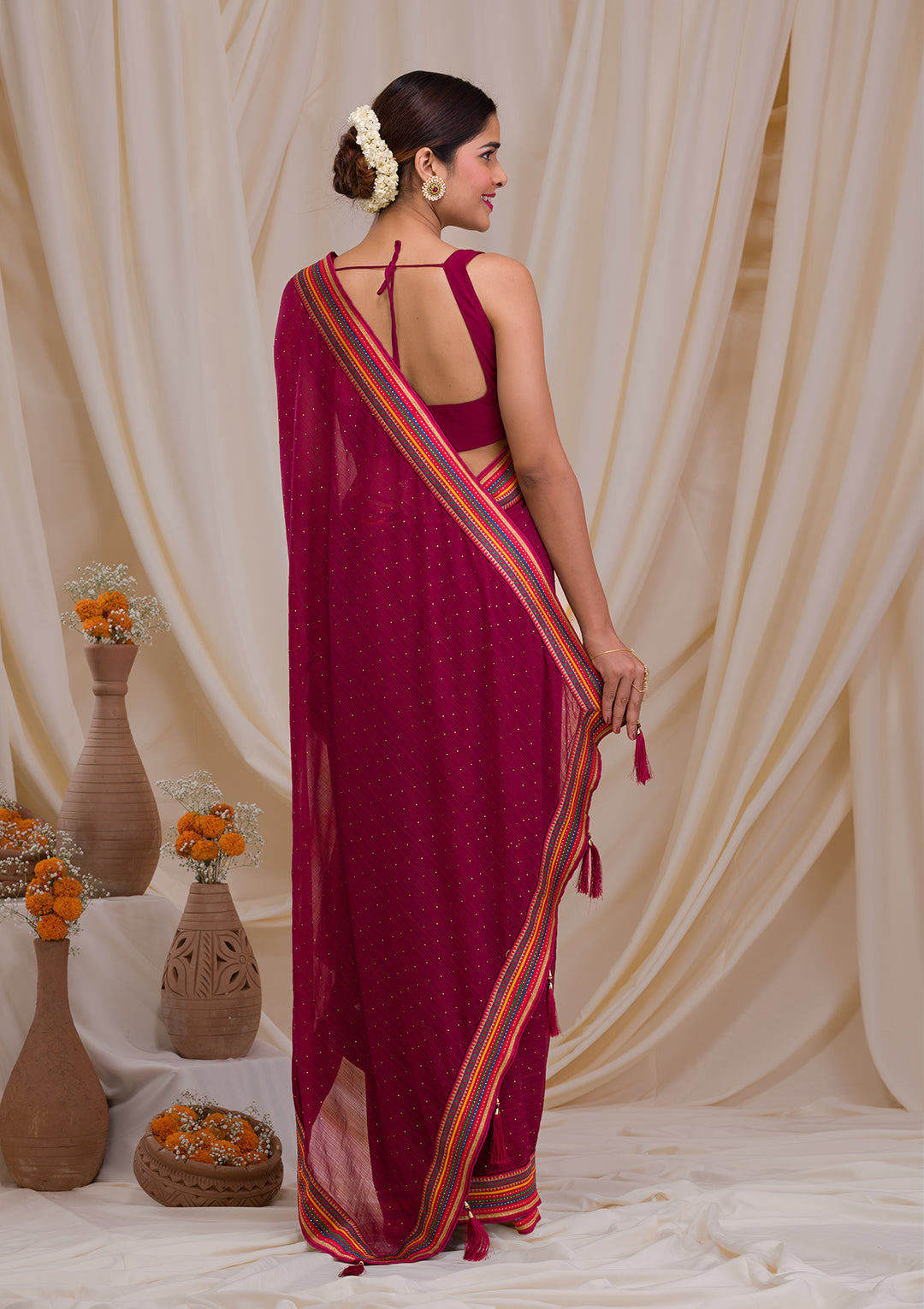 Maroon Threadwork Georgette Saree