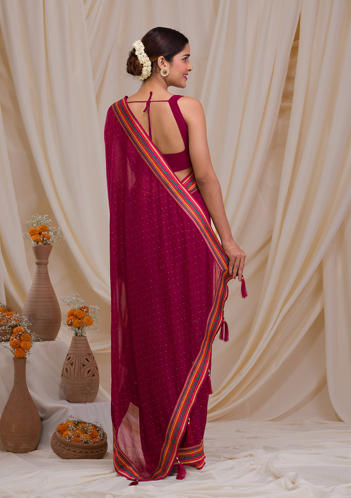 Maroon Threadwork Georgette Saree