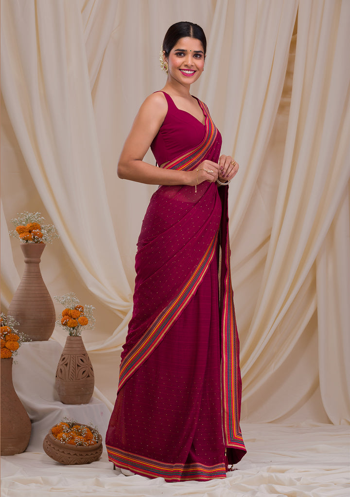 Maroon Threadwork Georgette Saree