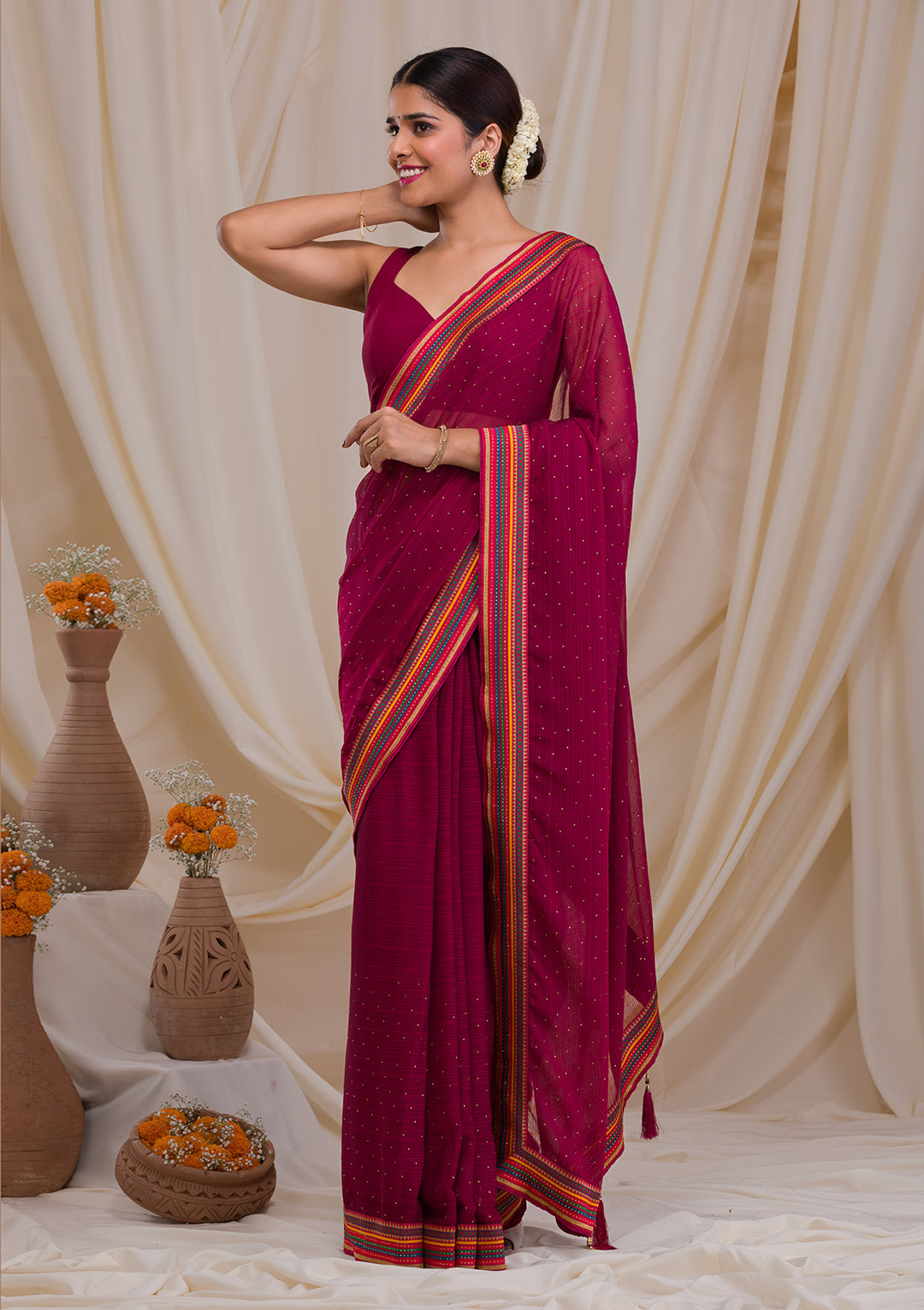 Maroon Threadwork Georgette Saree