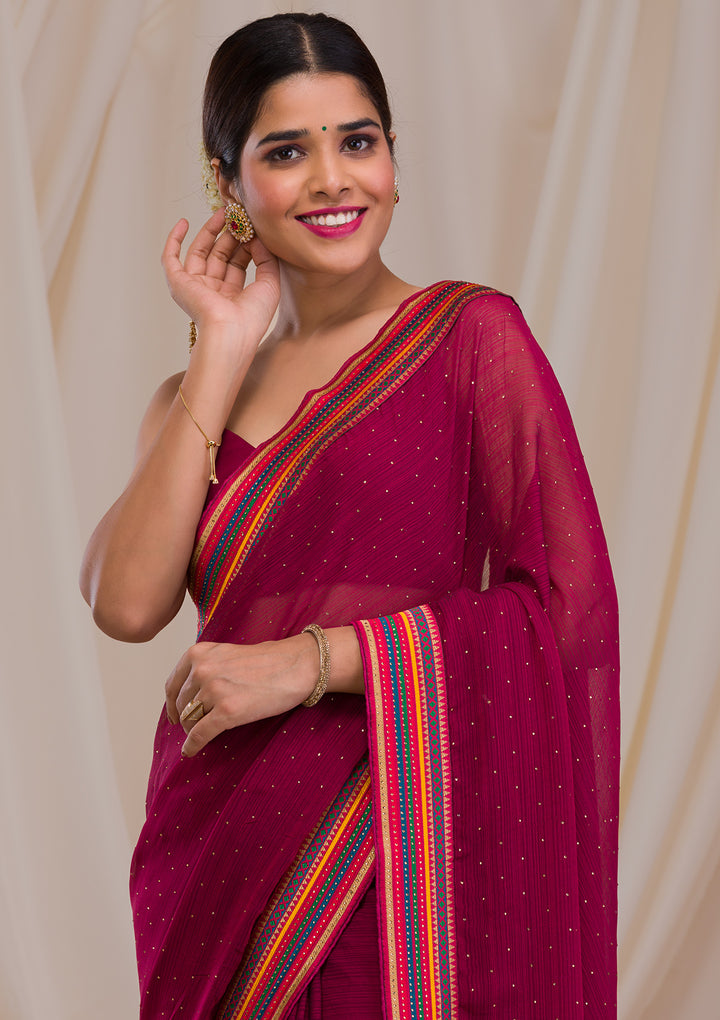 Maroon Threadwork Georgette Saree