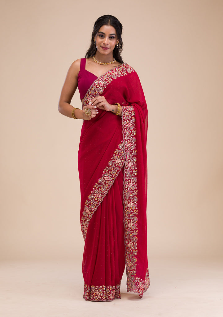 Maroon Threadwork Georgette Saree