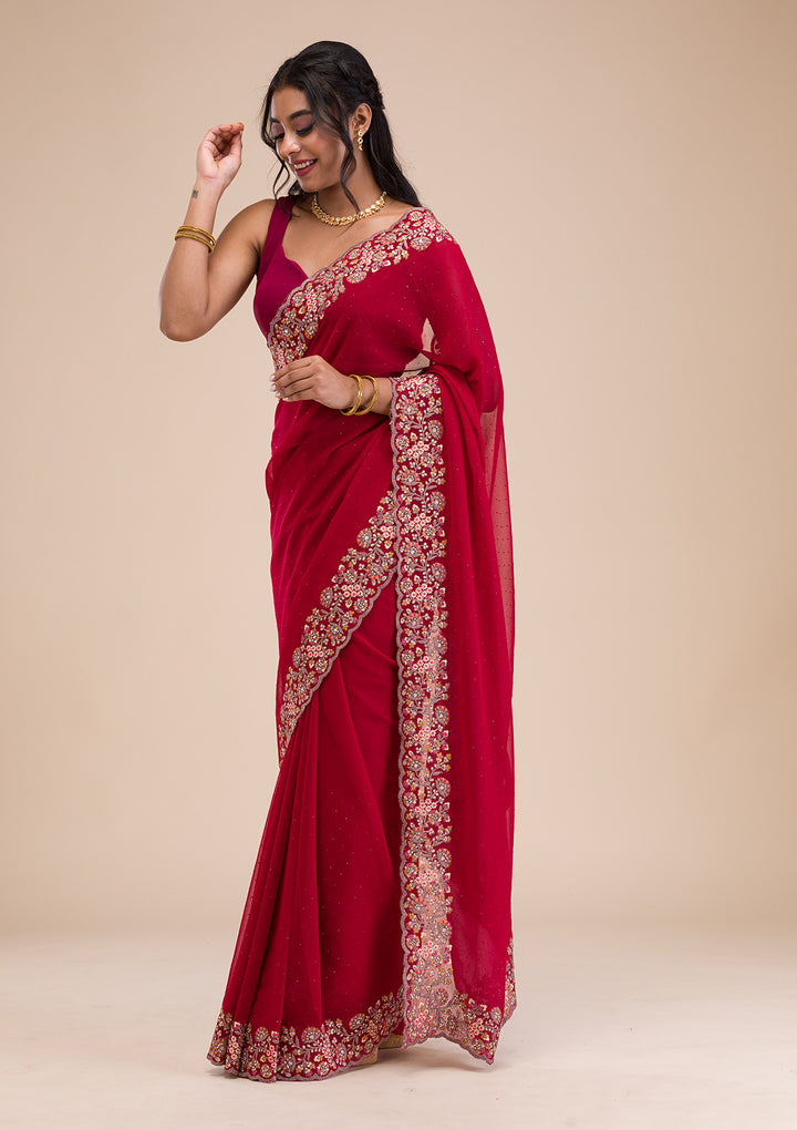 Maroon Threadwork Georgette Saree