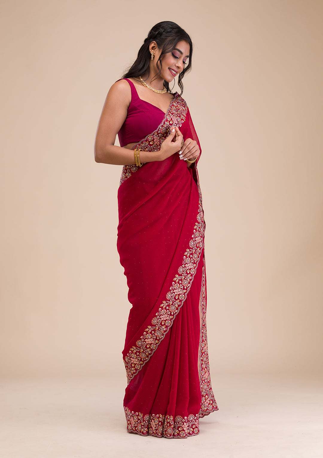 Maroon Threadwork Georgette Saree
