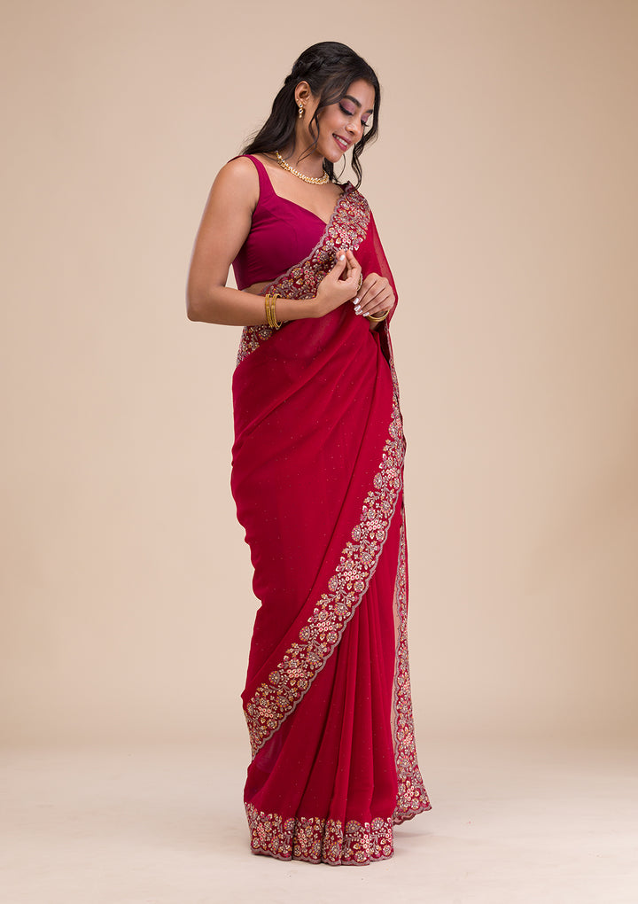 Maroon Threadwork Georgette Saree