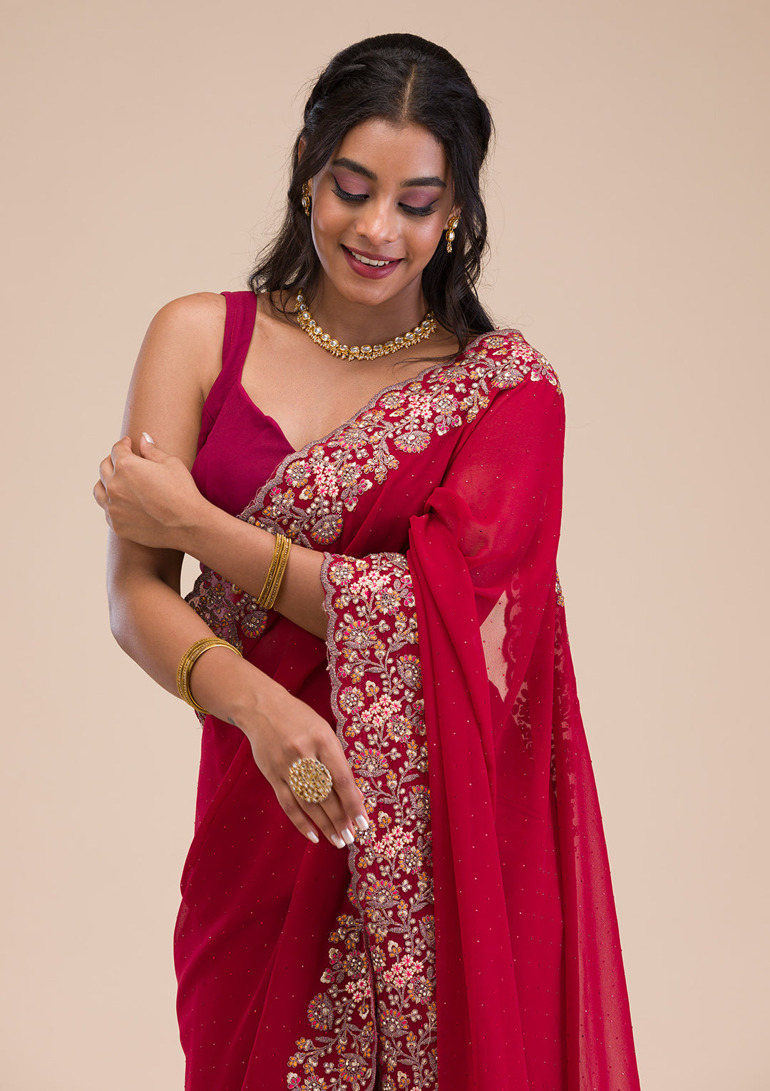 Maroon Threadwork Georgette Saree