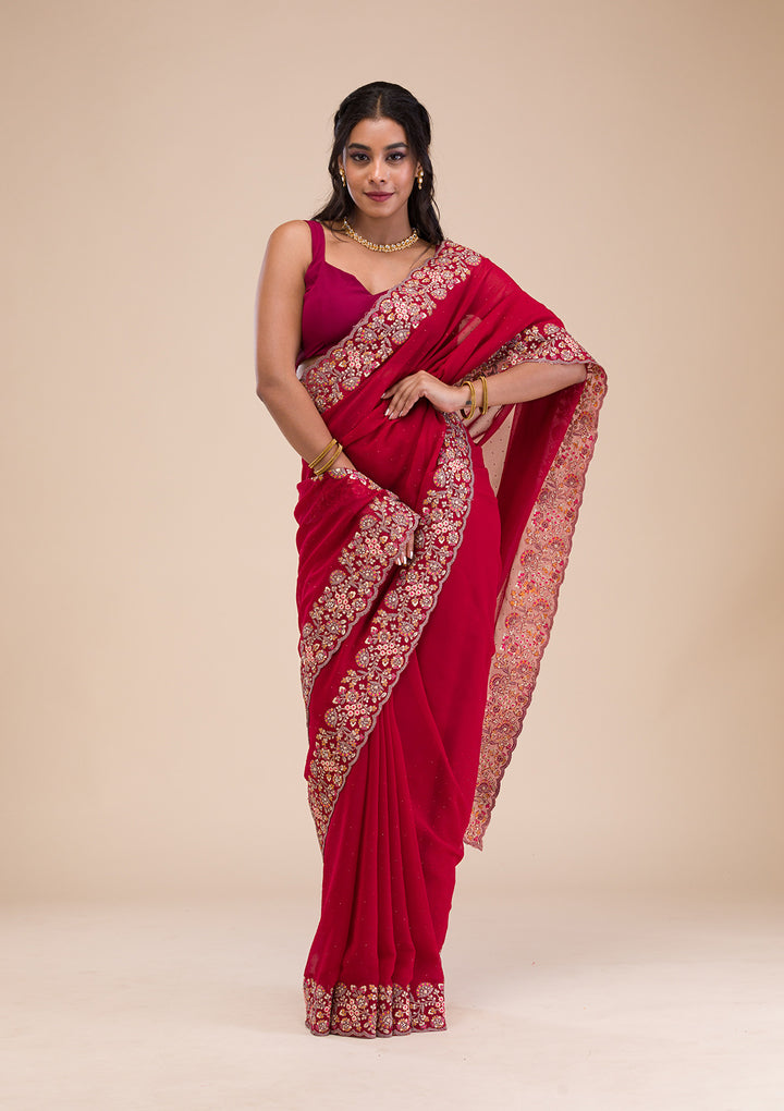 Maroon Threadwork Georgette Saree