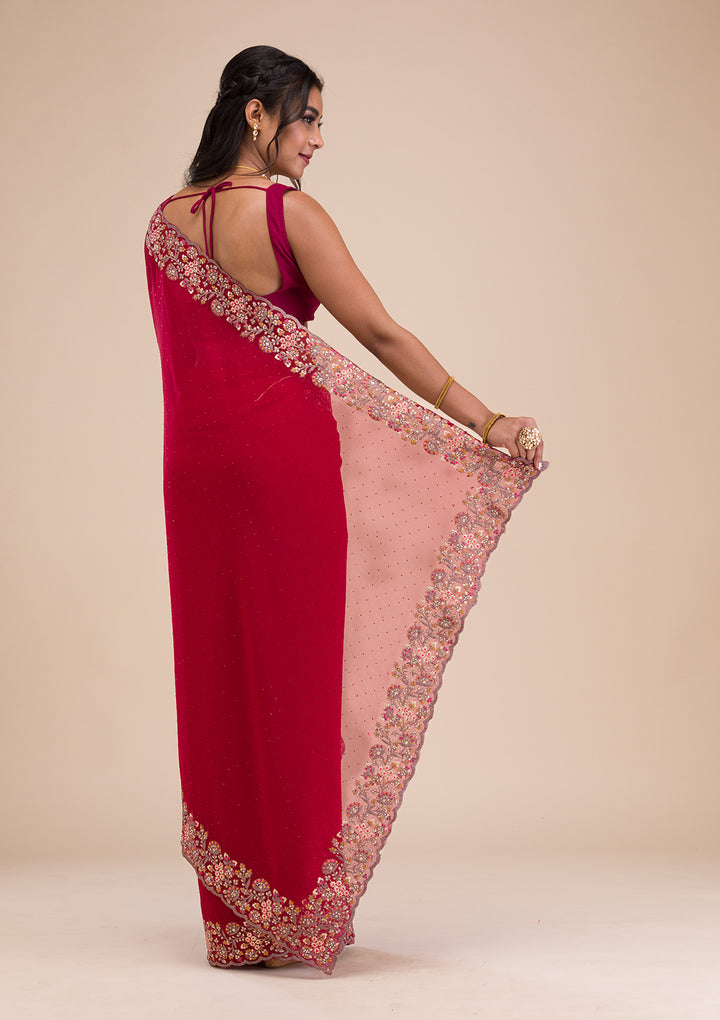 Maroon Threadwork Georgette Saree