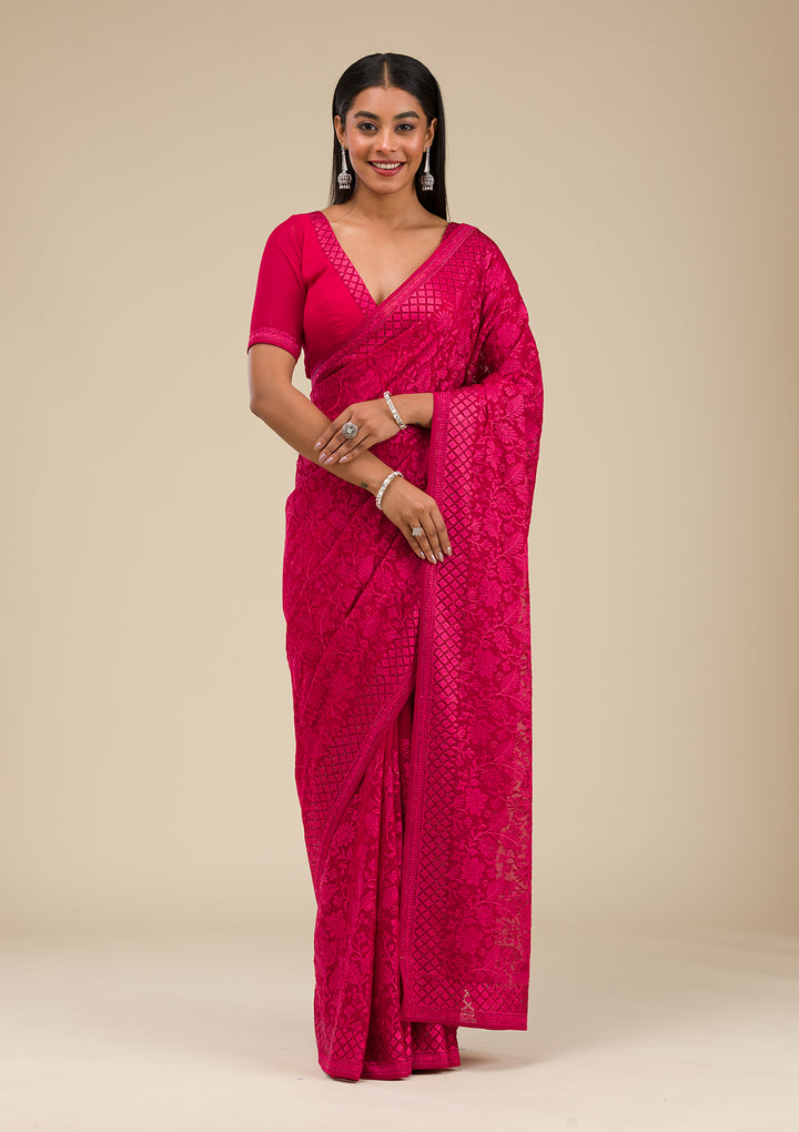 Maroon Threadwork Georgette Saree