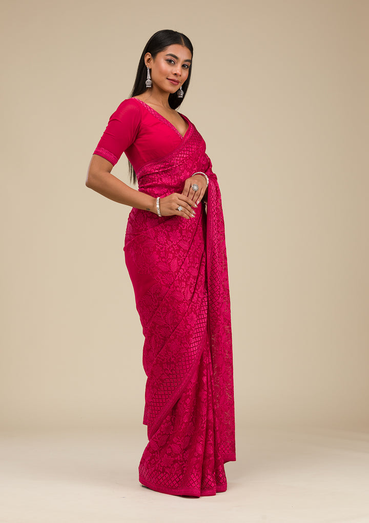 Maroon Threadwork Georgette Saree