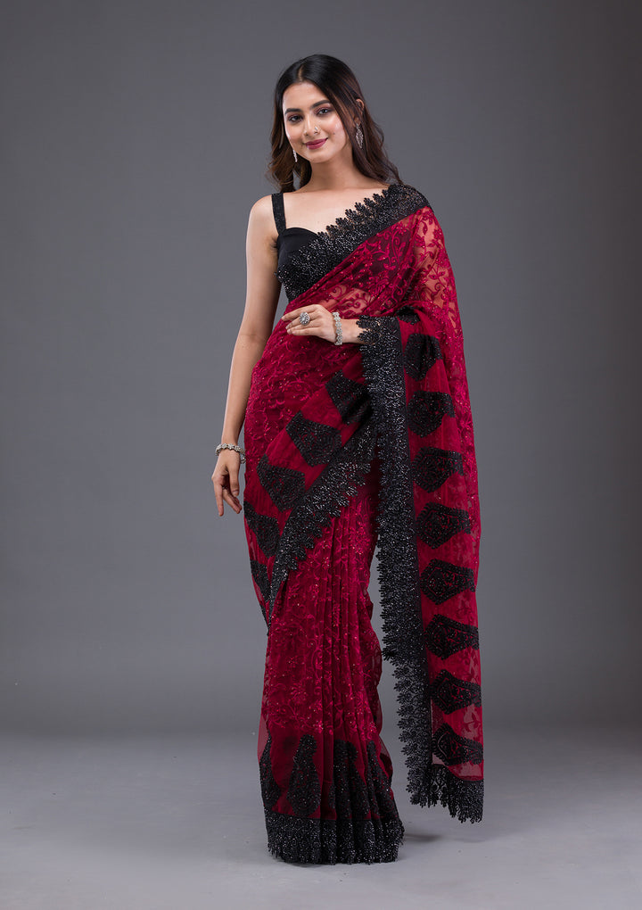 Maroon Threadwork Net Saree