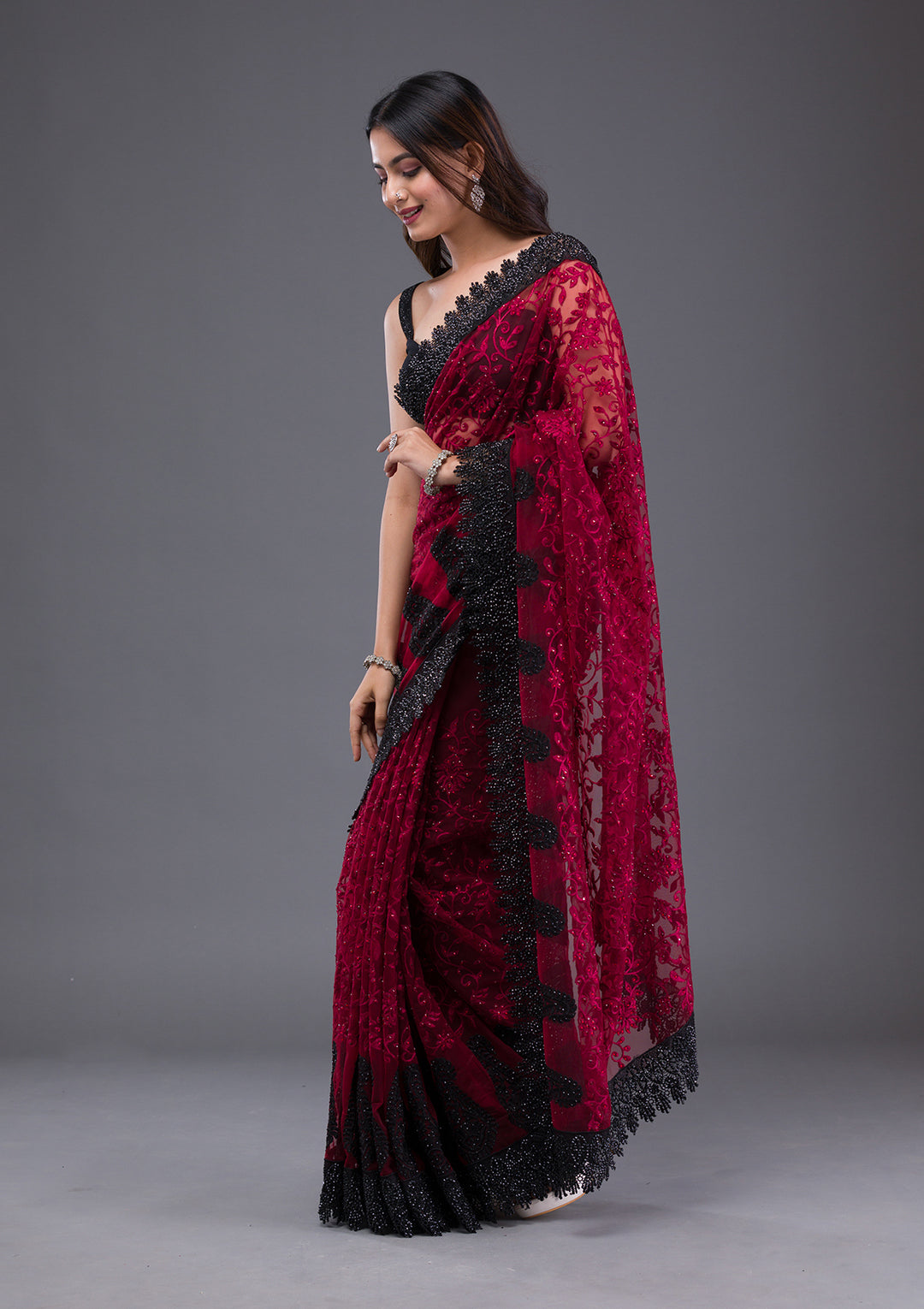 Maroon Threadwork Net Saree