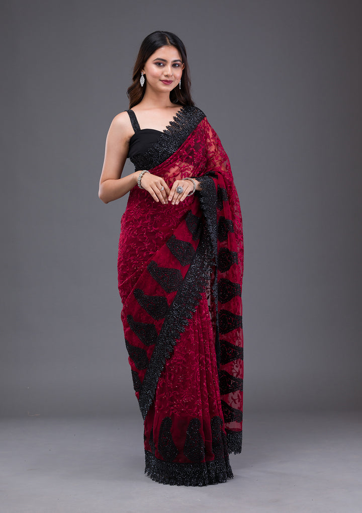 Maroon Threadwork Net Saree