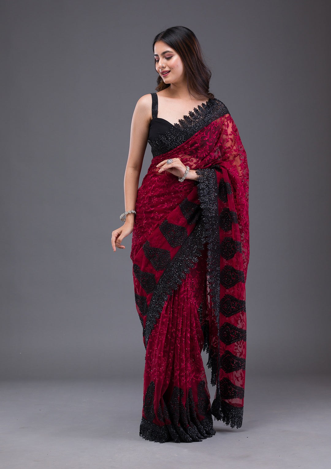 Maroon Threadwork Net Saree