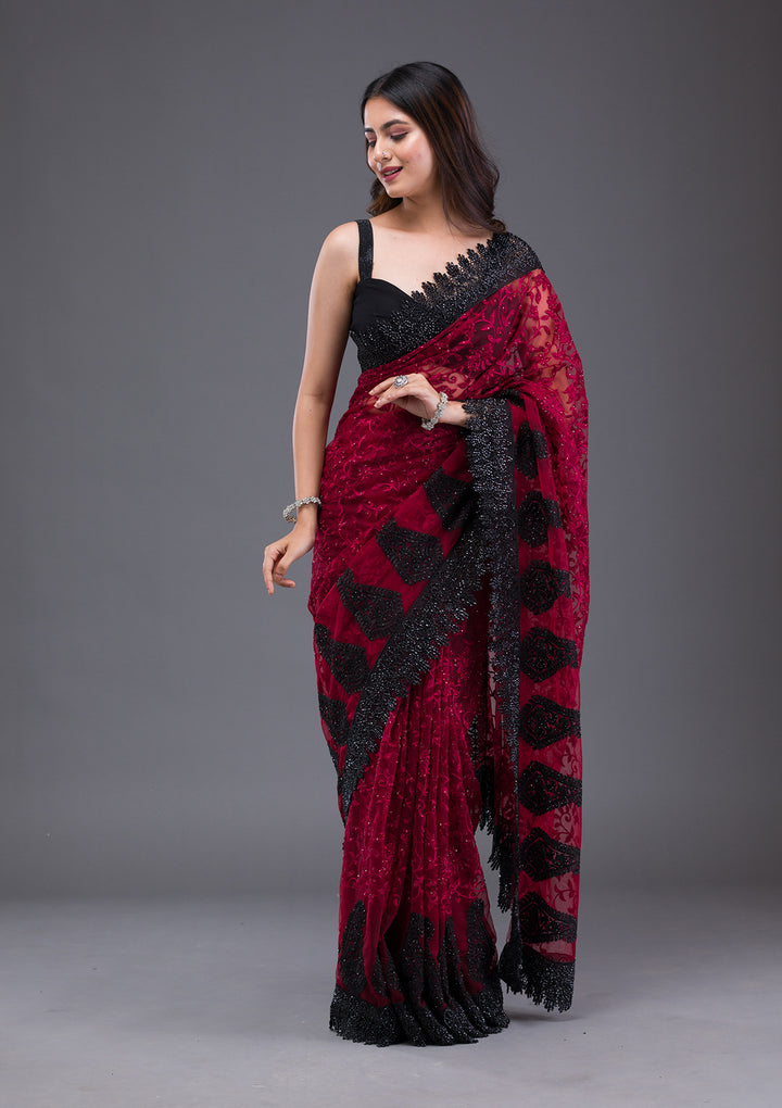 Maroon Threadwork Net Saree