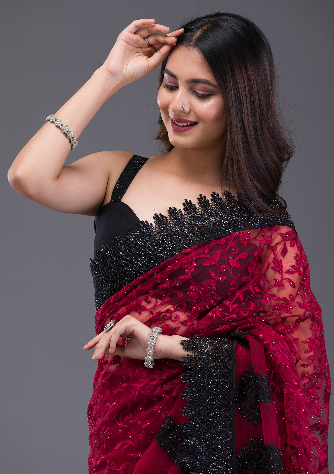 Maroon Threadwork Net Saree
