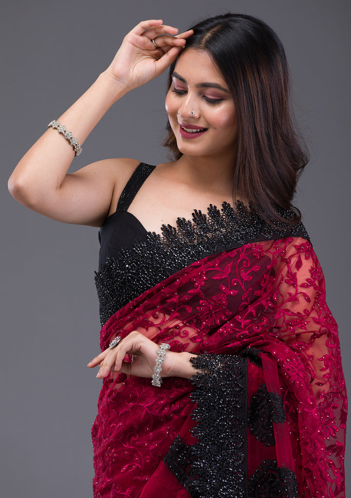 Maroon Threadwork Net Saree
