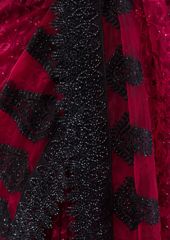 Maroon Threadwork Net Saree