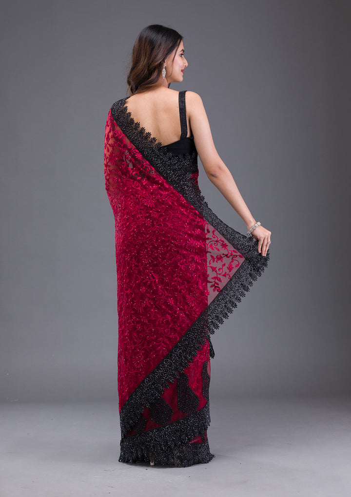 Maroon Threadwork Net Saree
