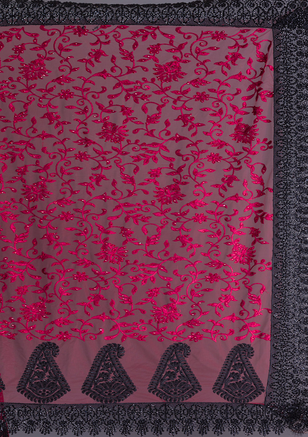 Maroon Threadwork Net Saree
