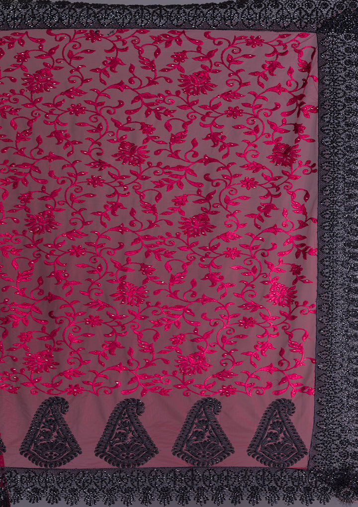 Maroon Threadwork Net Saree