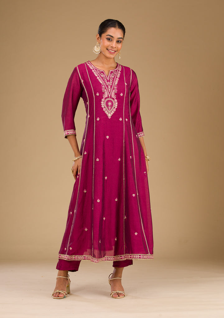 Maroon Threadwork Raw Silk Readymade Salwar Suit