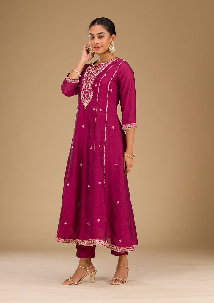 Maroon Threadwork Raw Silk Readymade Salwar Suit