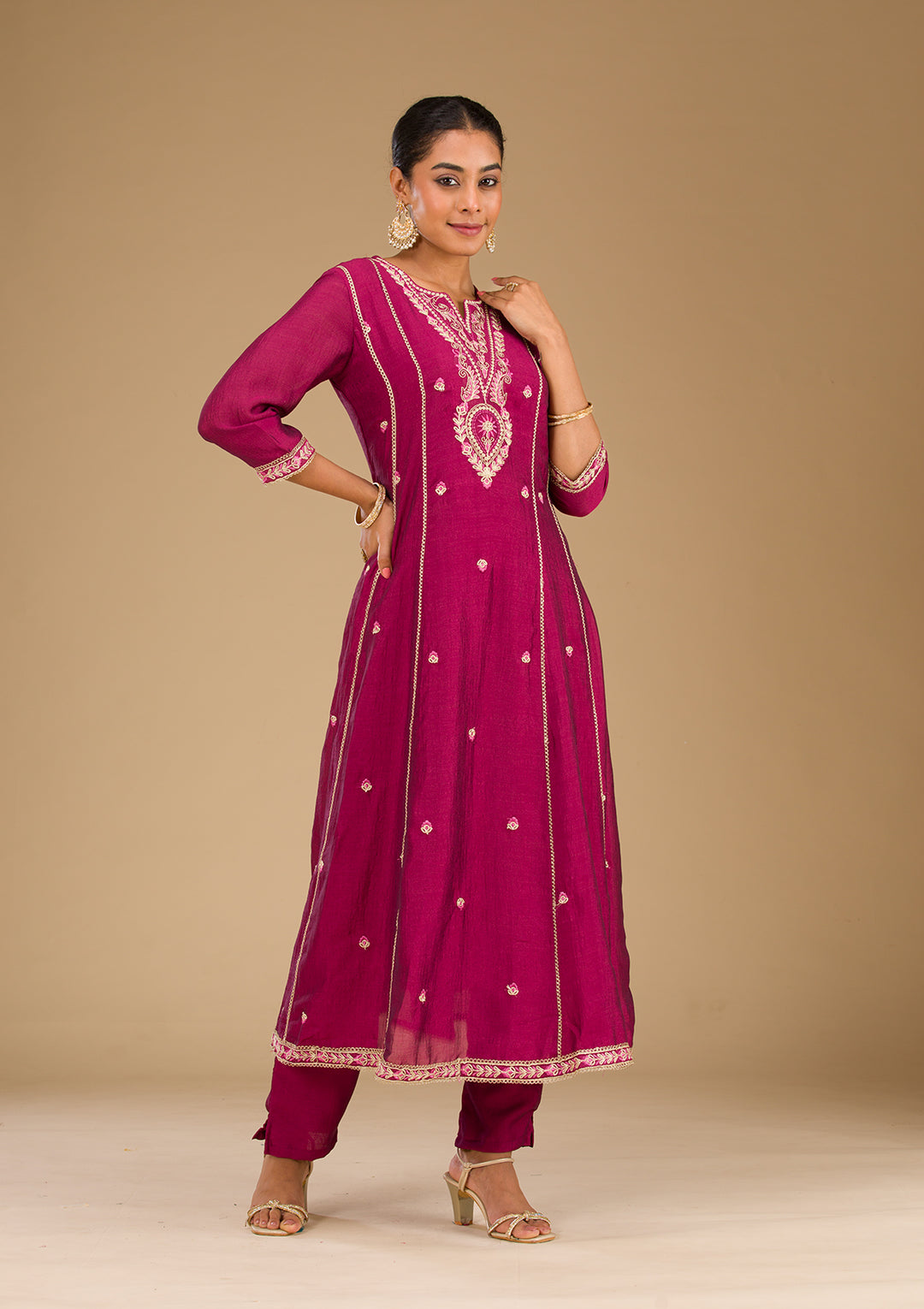 Maroon Threadwork Raw Silk Readymade Salwar Suit