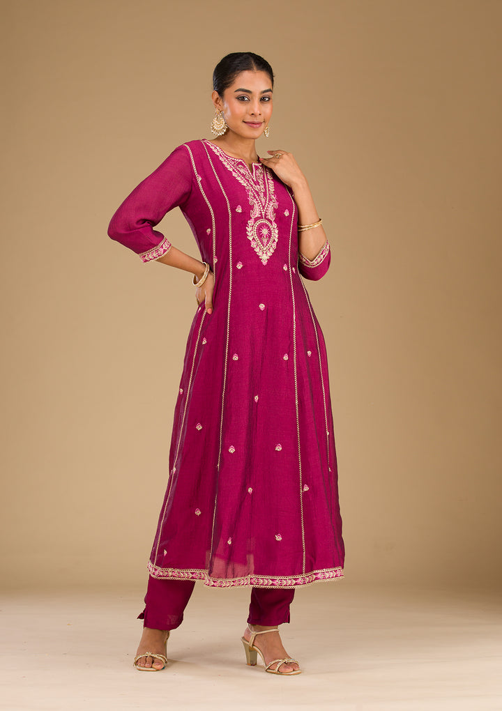Maroon Threadwork Raw Silk Readymade Salwar Suit