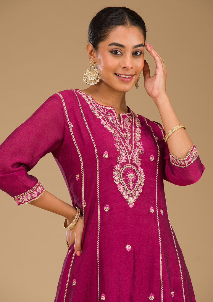 Maroon Threadwork Raw Silk Readymade Salwar Suit
