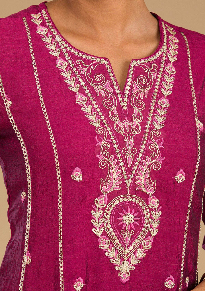 Maroon Threadwork Raw Silk Readymade Salwar Suit