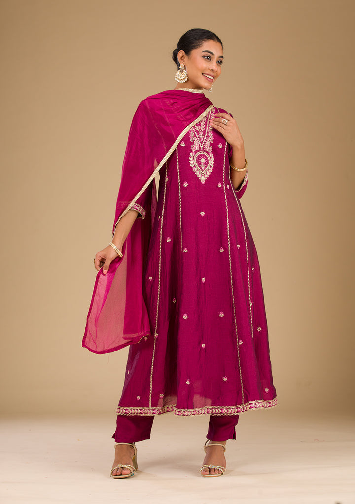Maroon Threadwork Raw Silk Readymade Salwar Suit