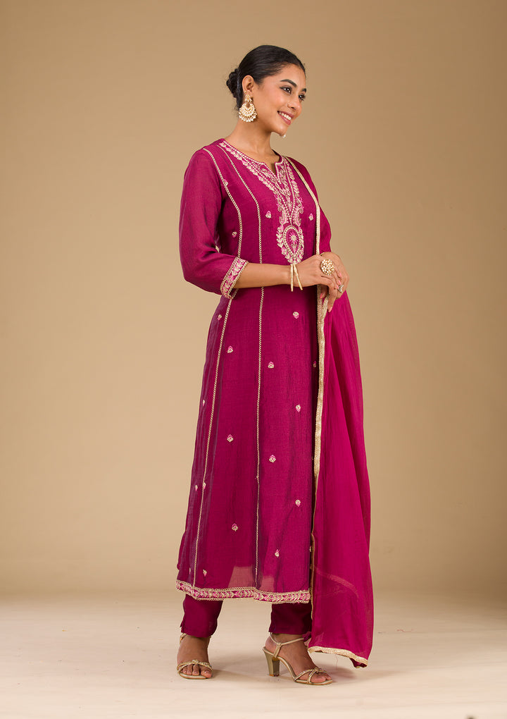 Maroon Threadwork Raw Silk Readymade Salwar Suit