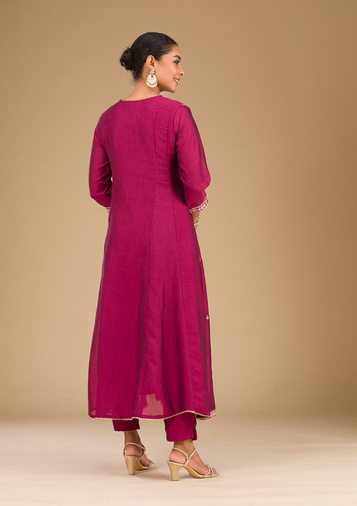 Maroon Threadwork Raw Silk Readymade Salwar Suit