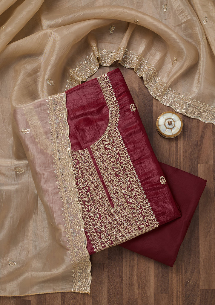 Maroon Threadwork Semi Crepe Unstitched Salwar Suit