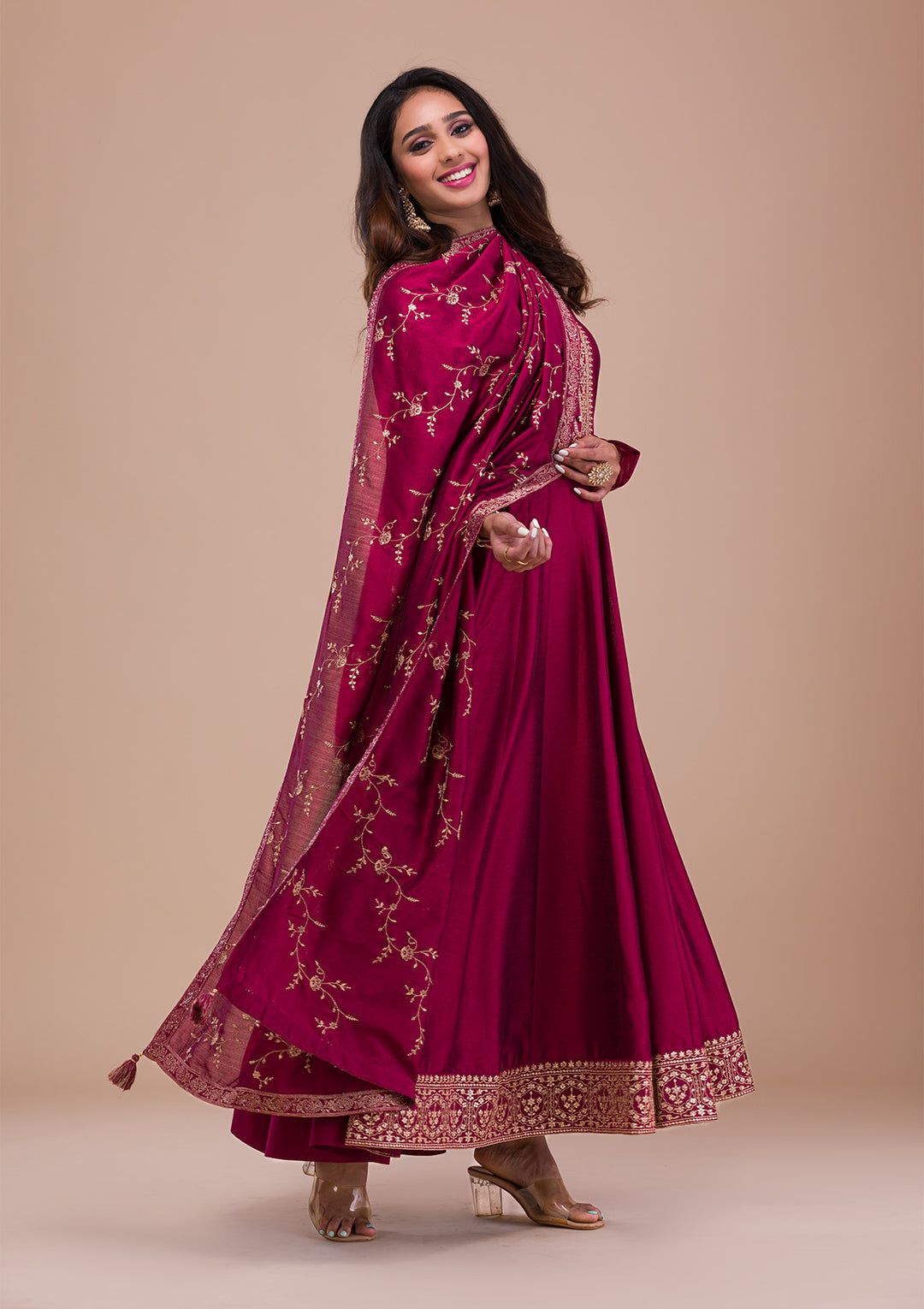 Maroon Zariwork Art Silk Readymade Anarkali Suit
