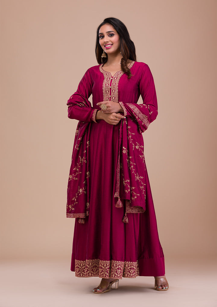 Maroon Zariwork Art Silk Readymade Anarkali Suit