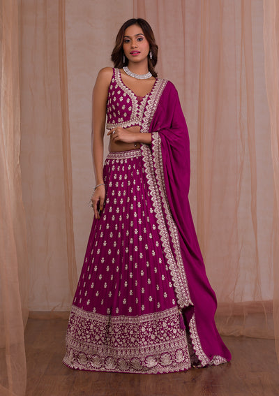 Maroon Zariwork Crepe Readymade Lehenga-Koskii