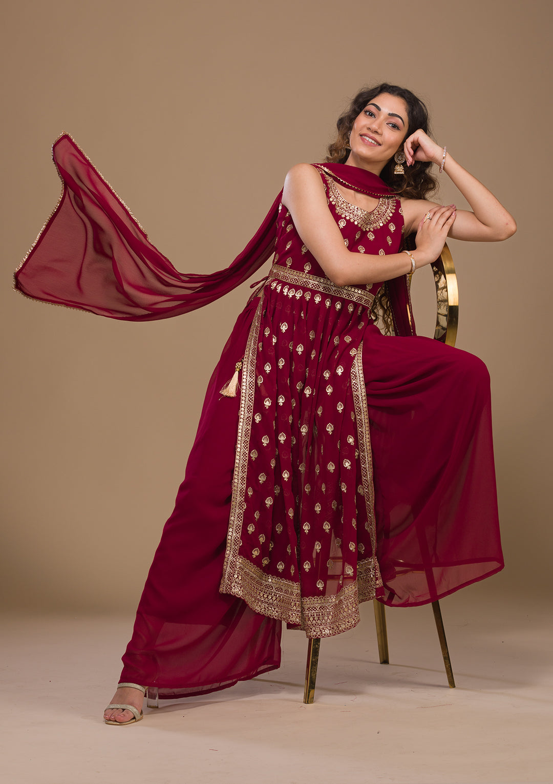 Maroon Zariwork Georgette Readymade Salwar Suit-Koskii
