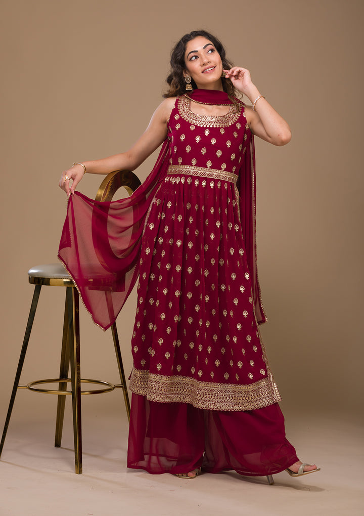 Maroon Zariwork Georgette Readymade Salwar Suit-Koskii
