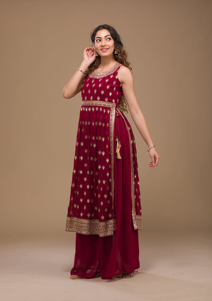 Maroon Zariwork Georgette Readymade Salwar Suit-Koskii