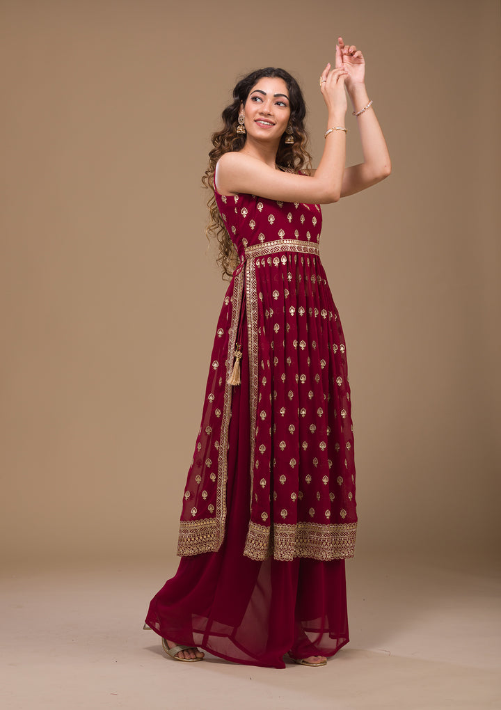 Maroon Zariwork Georgette Readymade Salwar Suit-Koskii