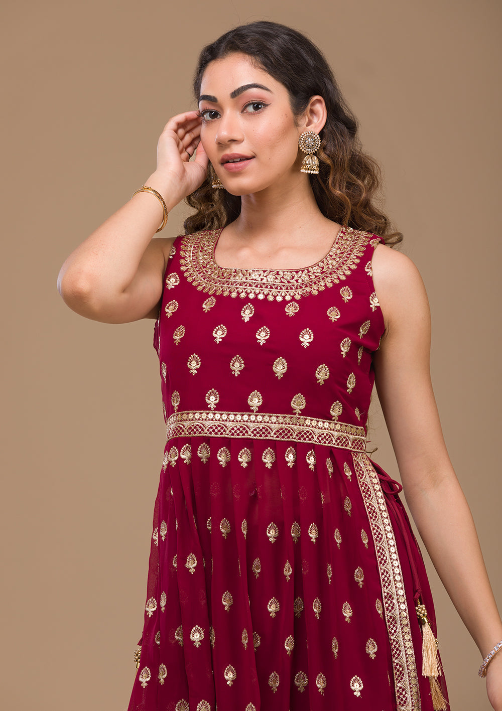 Maroon Zariwork Georgette Readymade Salwar Suit-Koskii