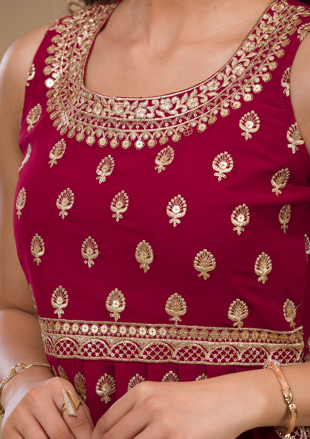 Maroon Zariwork Georgette Readymade Salwar Suit-Koskii